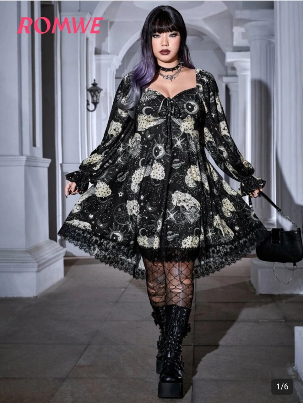 Celestial Print Black & Cream Long Bell Sleeve  Dress
